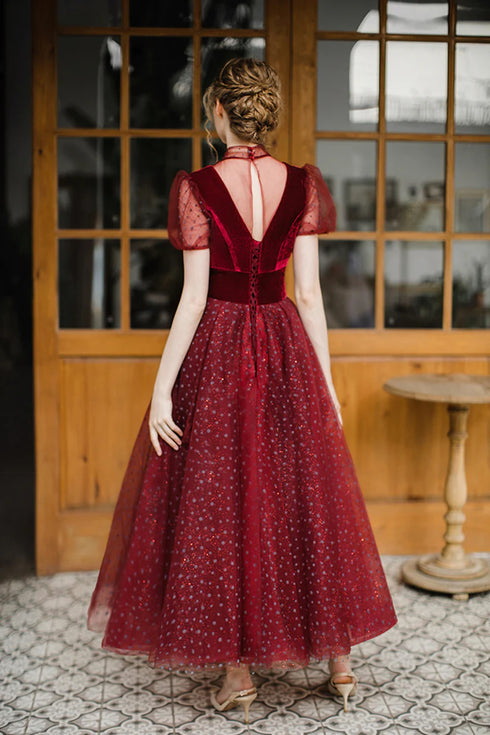 Wine Red Velvet and Tulle Tea Length Party Dress, Wine Red Wedding Party Dress